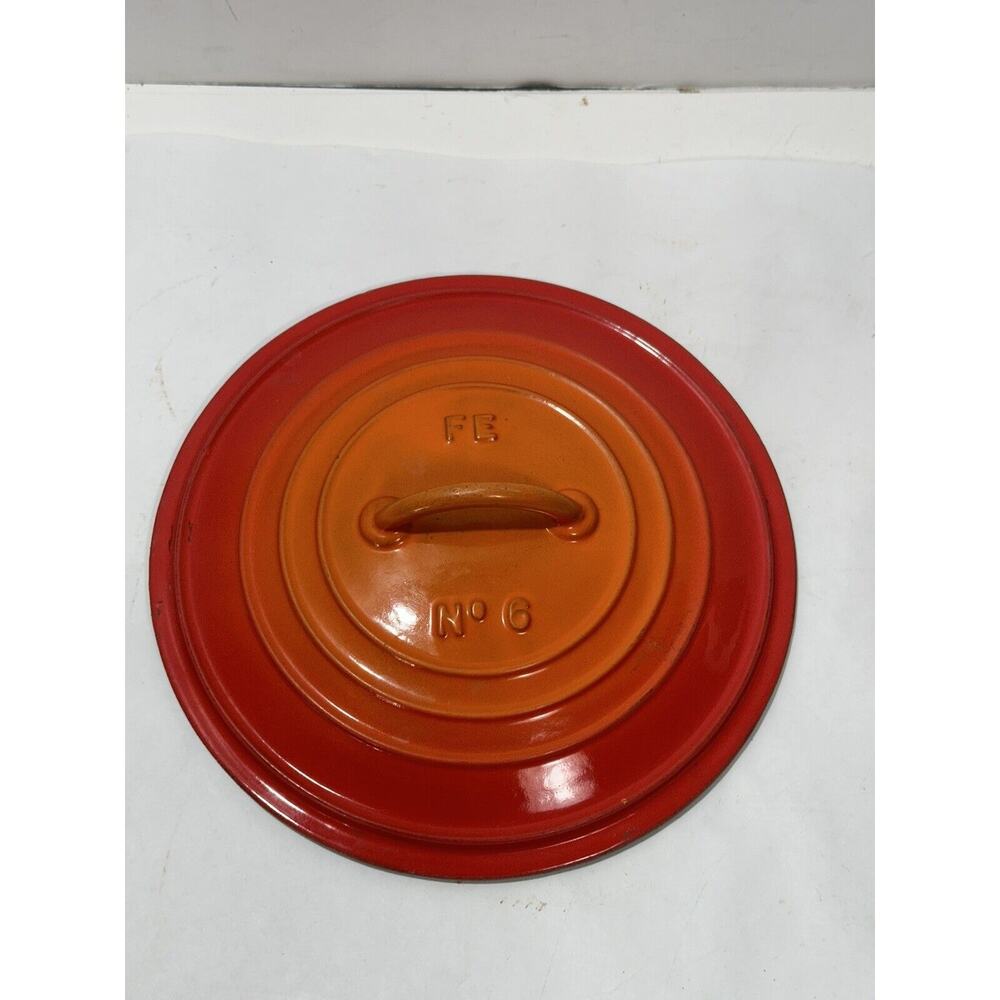 Vintage DESCOWARE Cast Iron LID FE BELGIUM No 6 Flame Red Orange ENAMEL Fits 7”